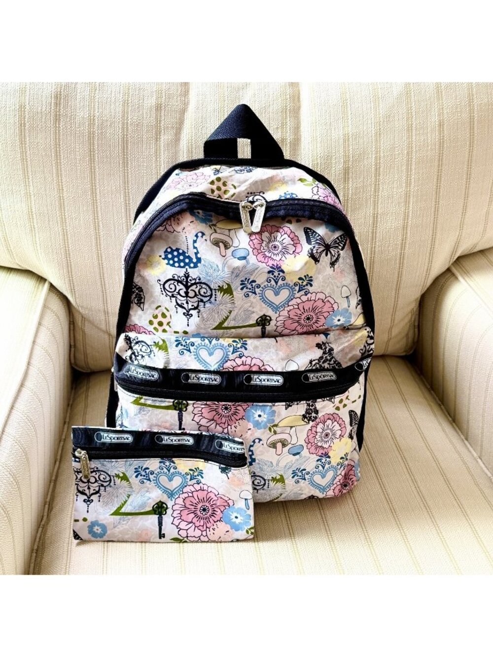LeSportsac Backpack w/ Zip Pouch Floral Butterfly Heart Bird Design
